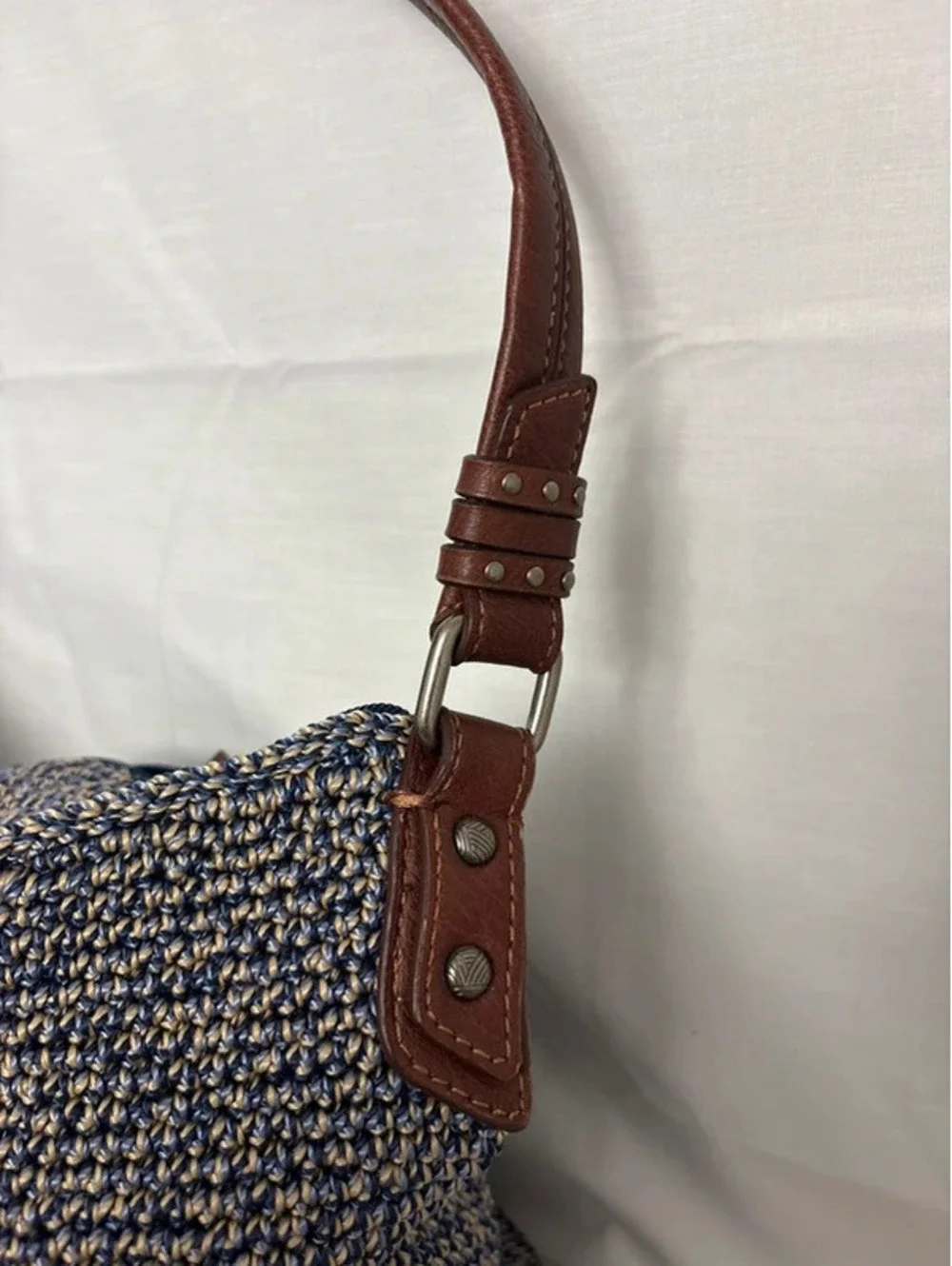 The Sak Blue Tan Crochet Hobo Shoulder Bag Leather Tassel New Without Tags